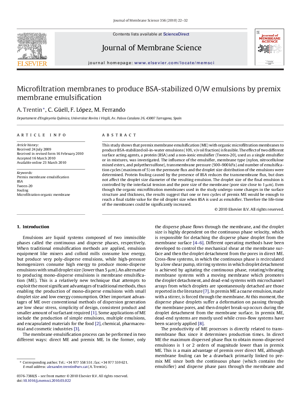عکس صفحه اول مقاله: Microfiltration membranes to produce BSA-stabilized O/W emulsions by premix membrane emulsification Microfiltration membranes to produce BSA-stabilized O/W emulsions by premix membrane emulsification