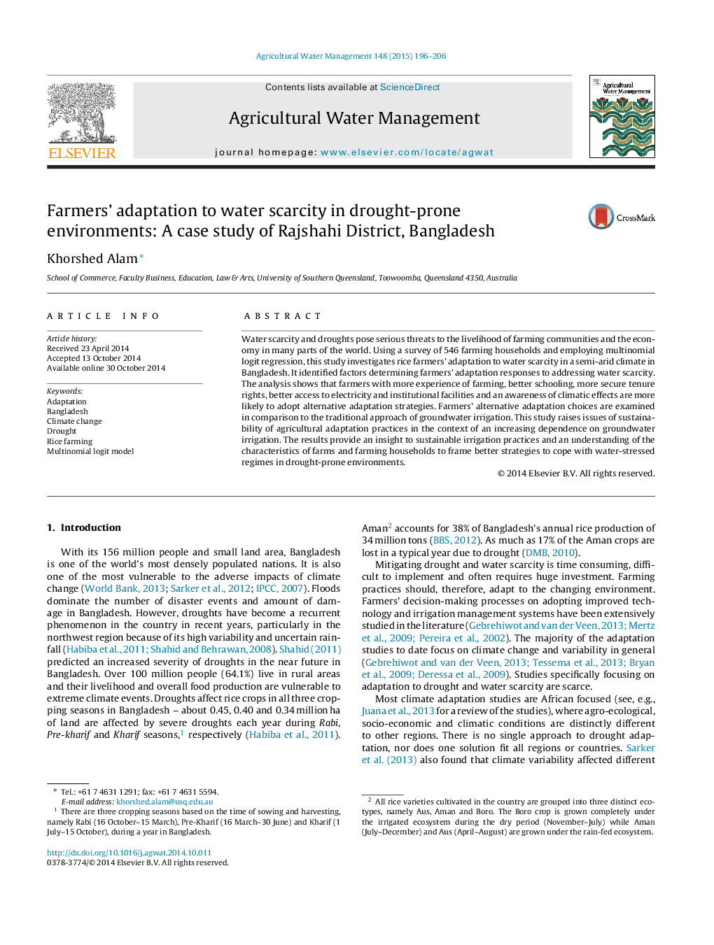 Farmers' adaptation to water scarcity in drought-prone environments: A case study of Rajshahi District, Bangladesh