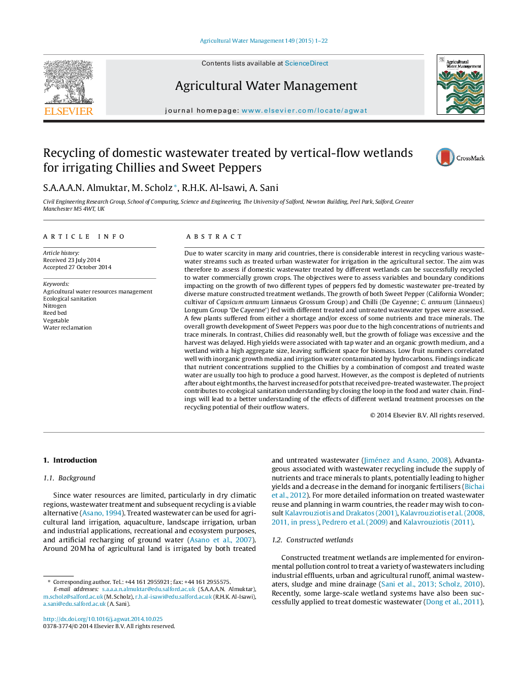 Recycling of domestic wastewater treated by vertical-flow wetlands for irrigating Chillies and Sweet Peppers