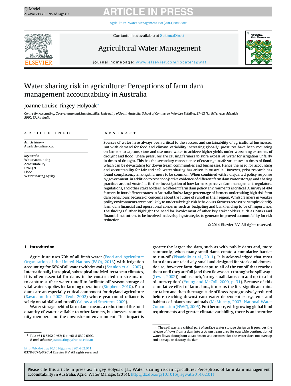 Water sharing risk in agriculture: Perceptions of farm dam management accountability in Australia