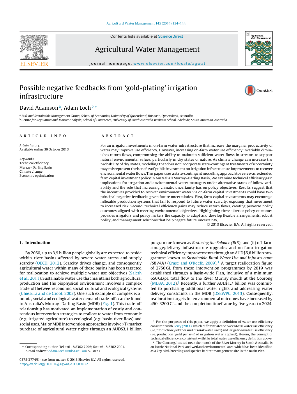 عکس صفحه اول مقاله: Possible negative feedbacks from 'gold-plating' irrigation infrastructure Possible negative feedbacks from 'gold-plating' irrigation infrastructure