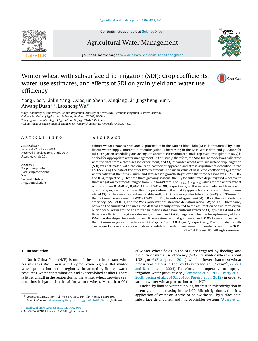 Winter wheat with subsurface drip irrigation (SDI): Crop coefficients, water-use estimates, and effects of SDI on grain yield and water use efficiency