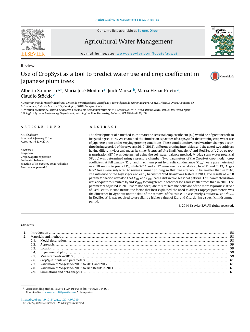 Use of CropSyst as a tool to predict water use and crop coefficient in Japanese plum trees