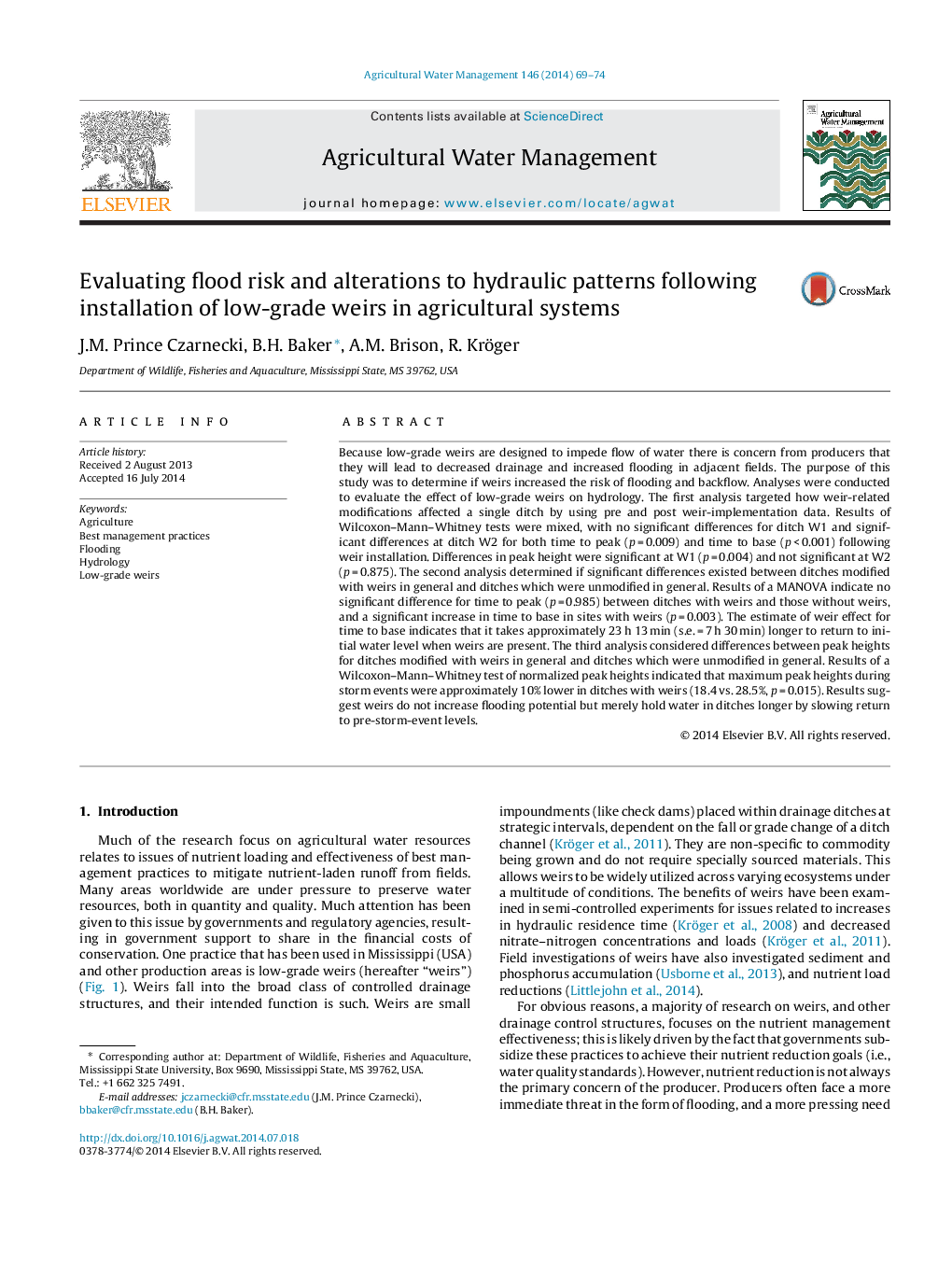 Evaluating flood risk and alterations to hydraulic patterns following installation of low-grade weirs in agricultural systems