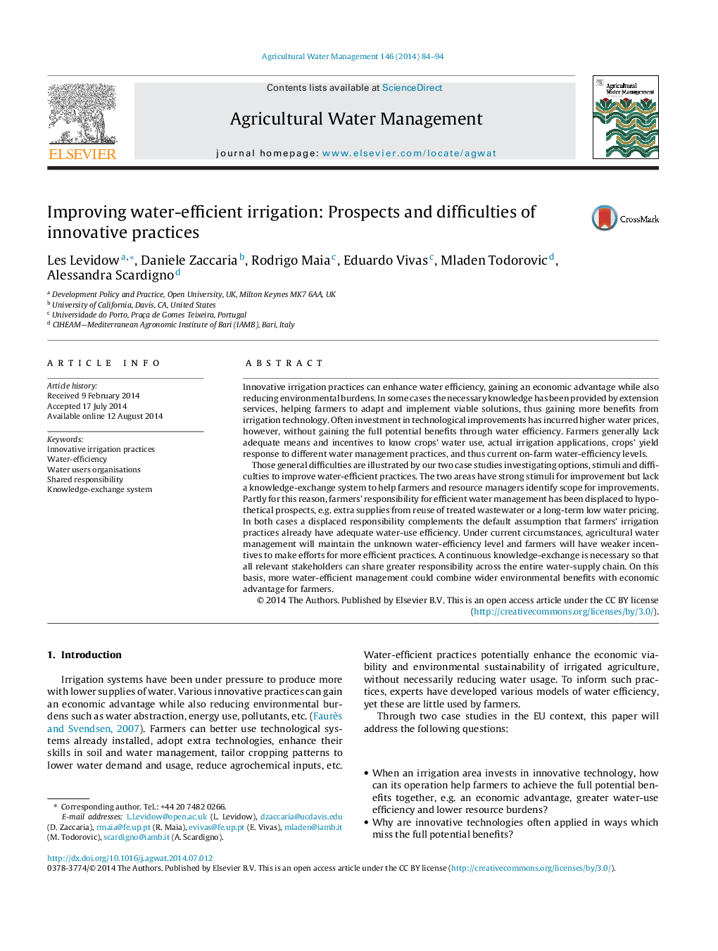 Improving water-efficient irrigation: Prospects and difficulties of innovative practices