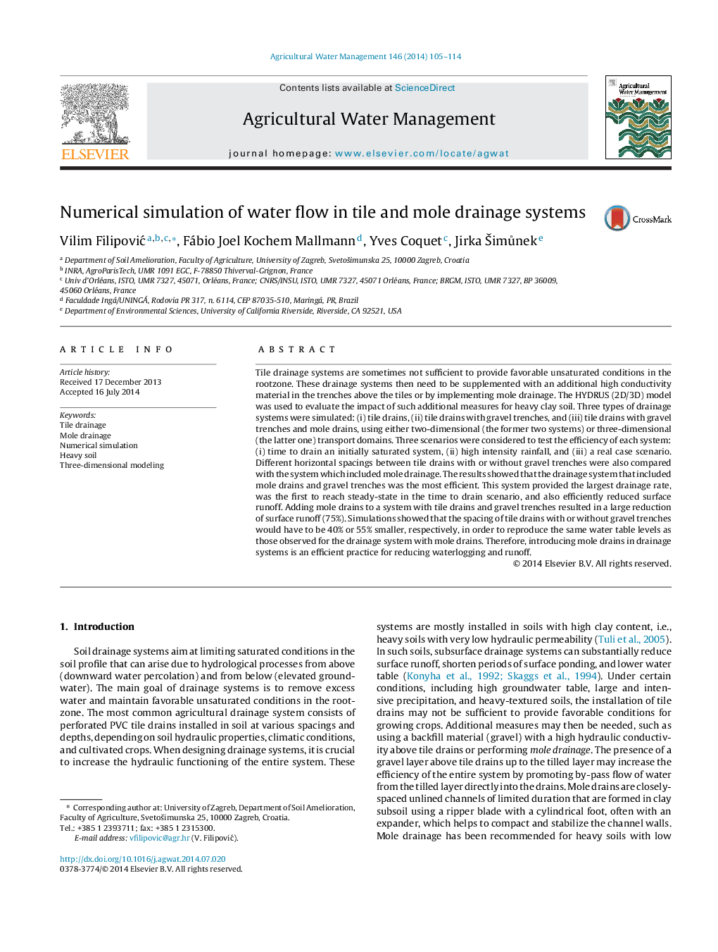 Numerical simulation of water flow in tile and mole drainage systems