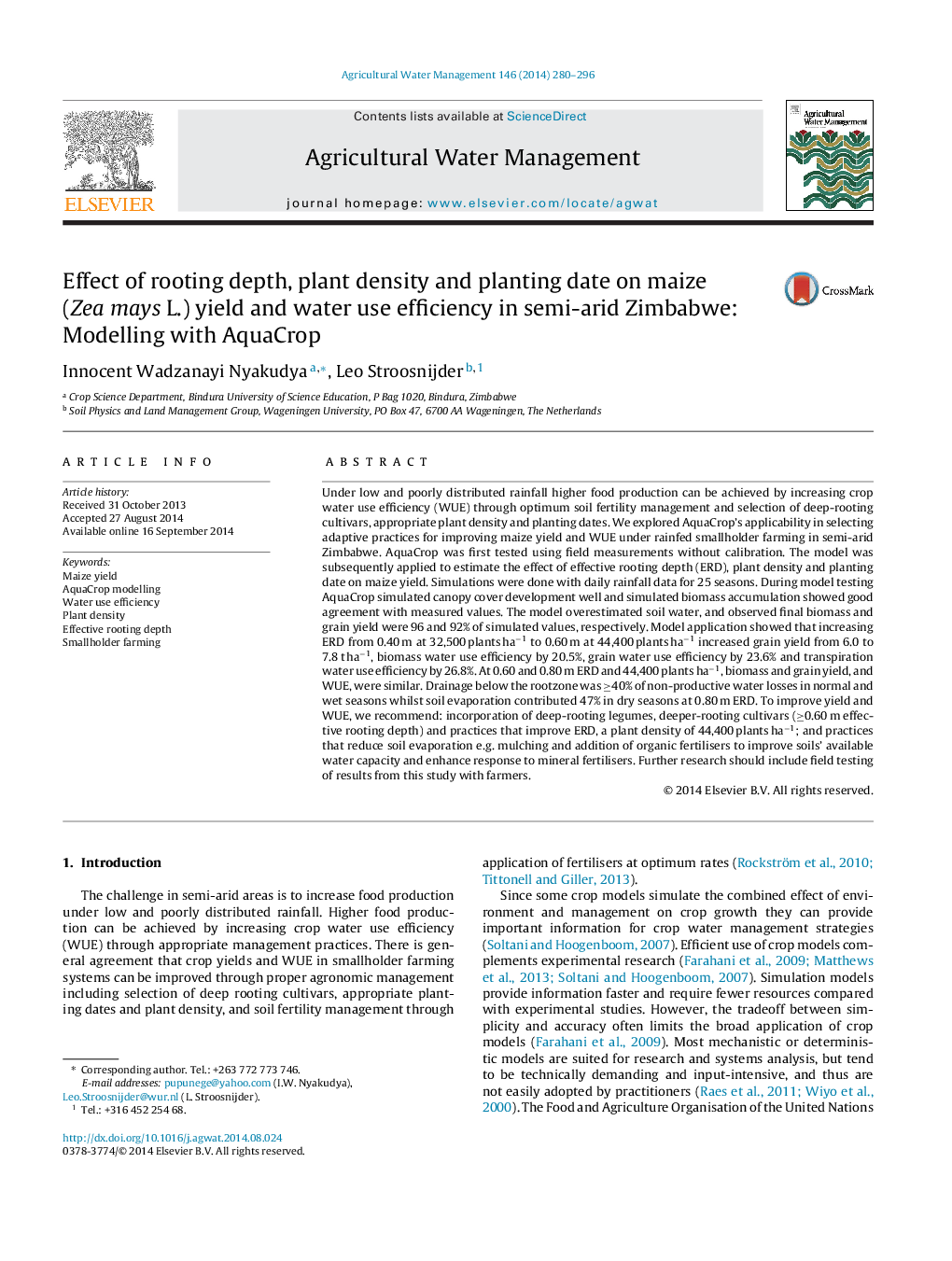 Effect of rooting depth, plant density and planting date on maize (Zea mays L.) yield and water use efficiency in semi-arid Zimbabwe: Modelling with AquaCrop