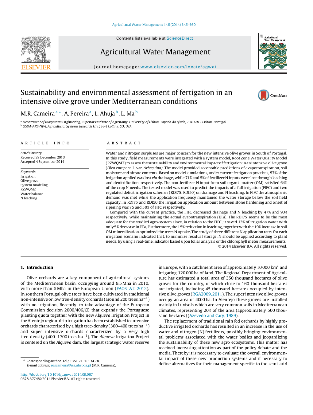 Sustainability and environmental assessment of fertigation in an intensive olive grove under Mediterranean conditions