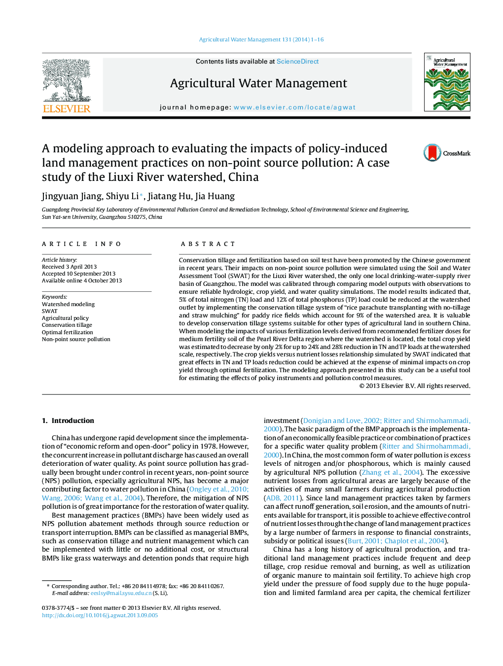یک رویکرد مدل سازی برای ارزیابی اثرات سیاست های مدیریت بهره برداری ناشی از زمین بر آلودگی منبع غیر نقطه ای: مطالعه موردی حوزه آبخیز رودخانه لوکس، چین 