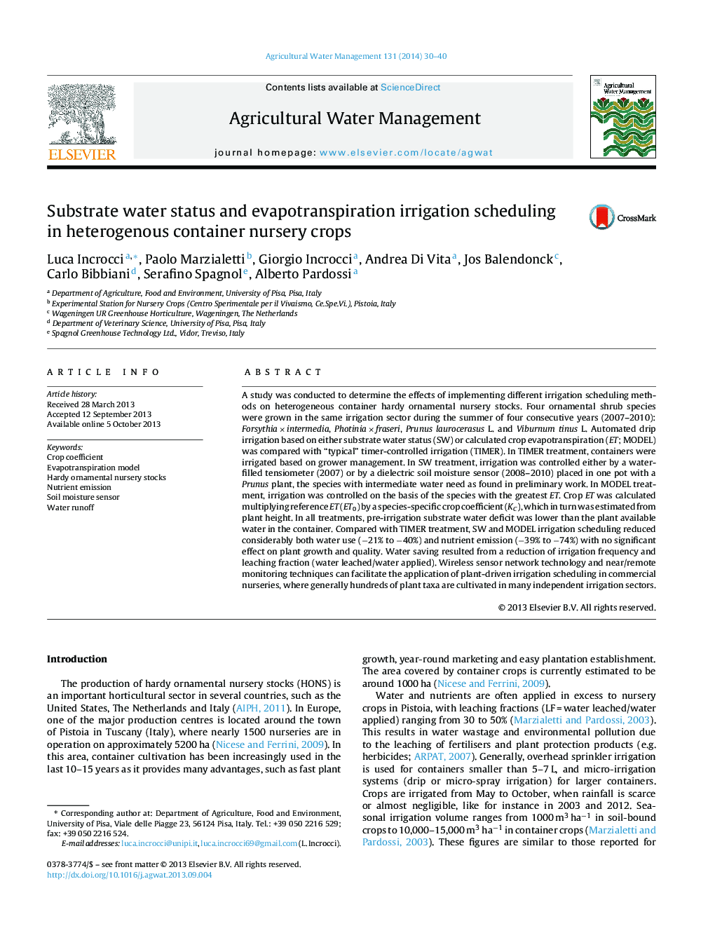 Substrate water status and evapotranspiration irrigation scheduling in heterogenous container nursery crops