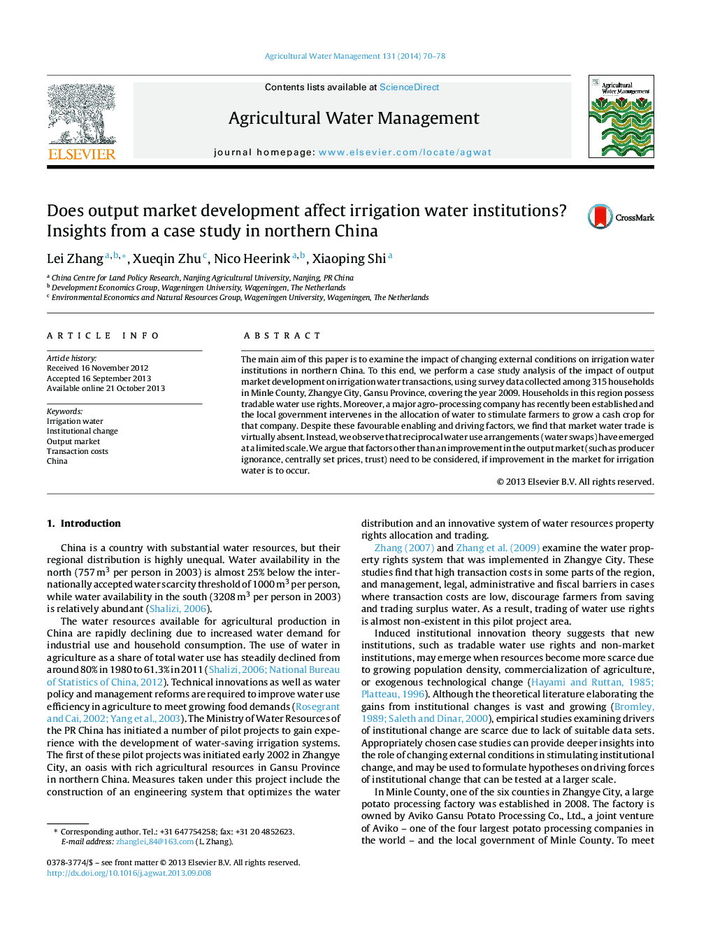 Does output market development affect irrigation water institutions? Insights from a case study in northern China