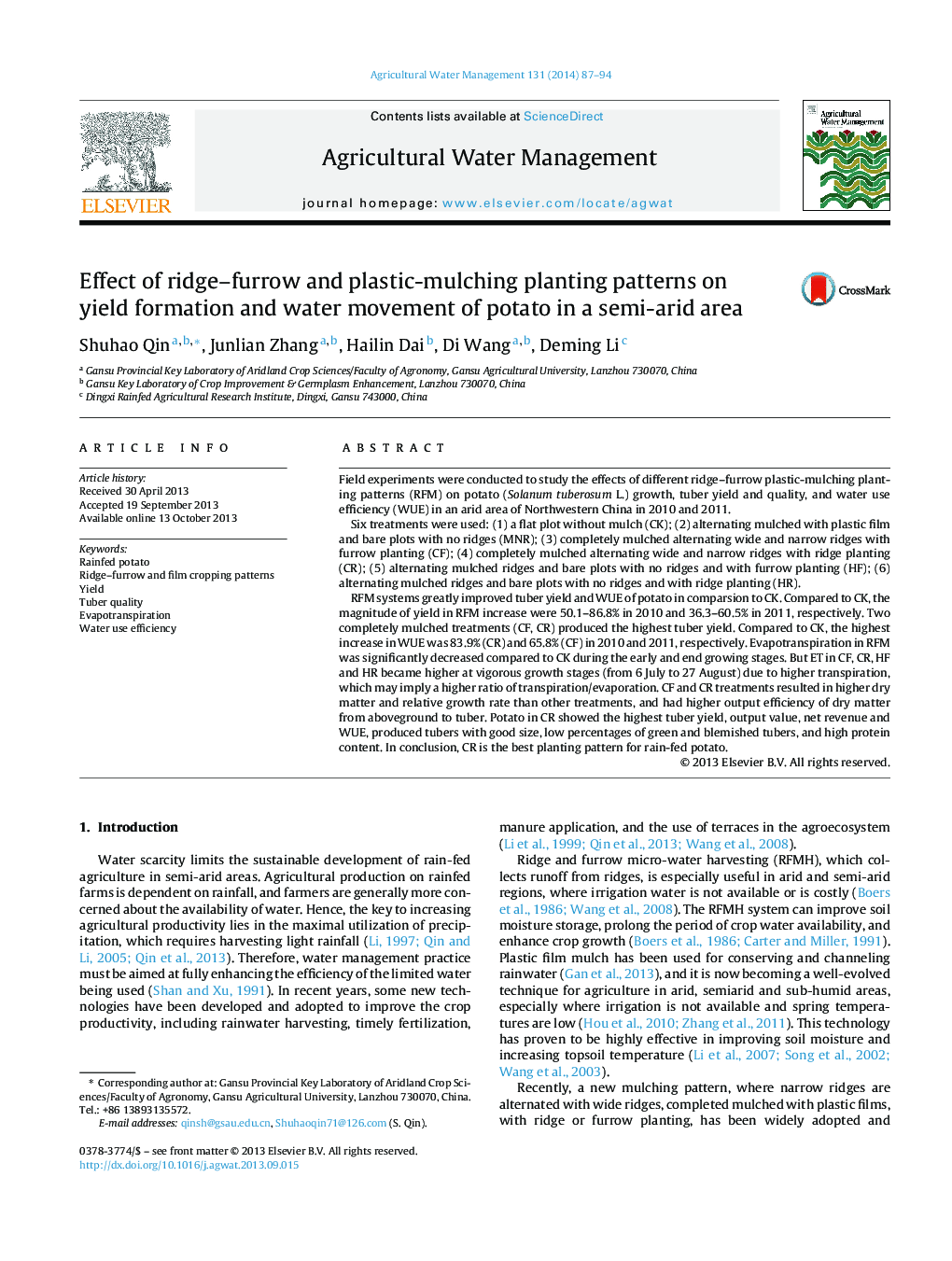 Effect of ridge-furrow and plastic-mulching planting patterns on yield formation and water movement of potato in a semi-arid area