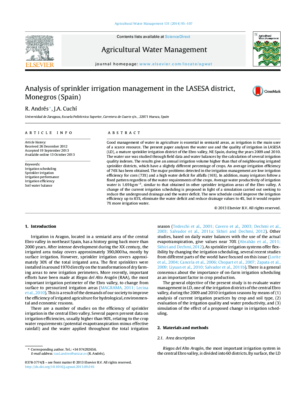 Analysis of sprinkler irrigation management in the LASESA district, Monegros (Spain)