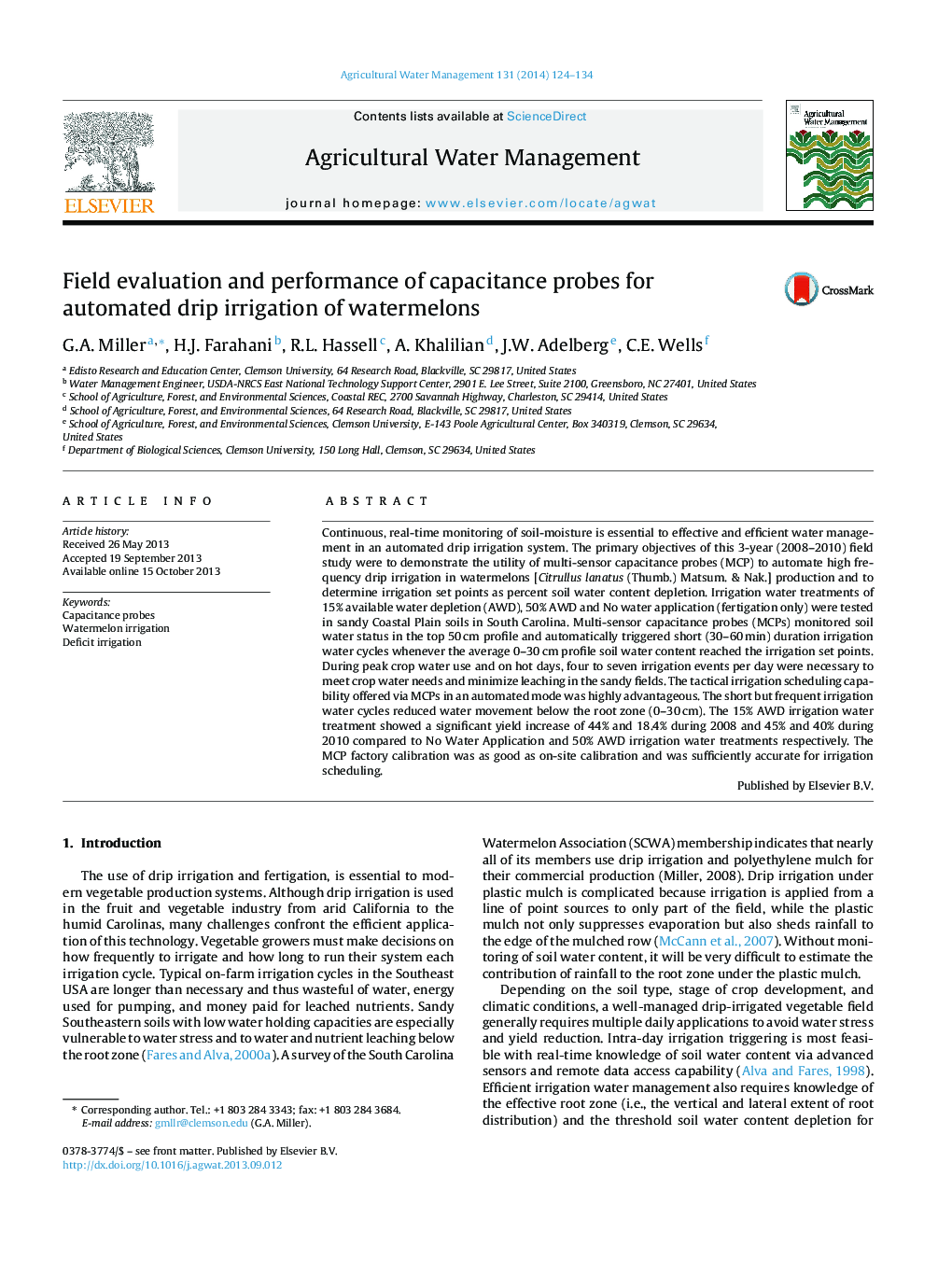 Field evaluation and performance of capacitance probes for automated drip irrigation of watermelons