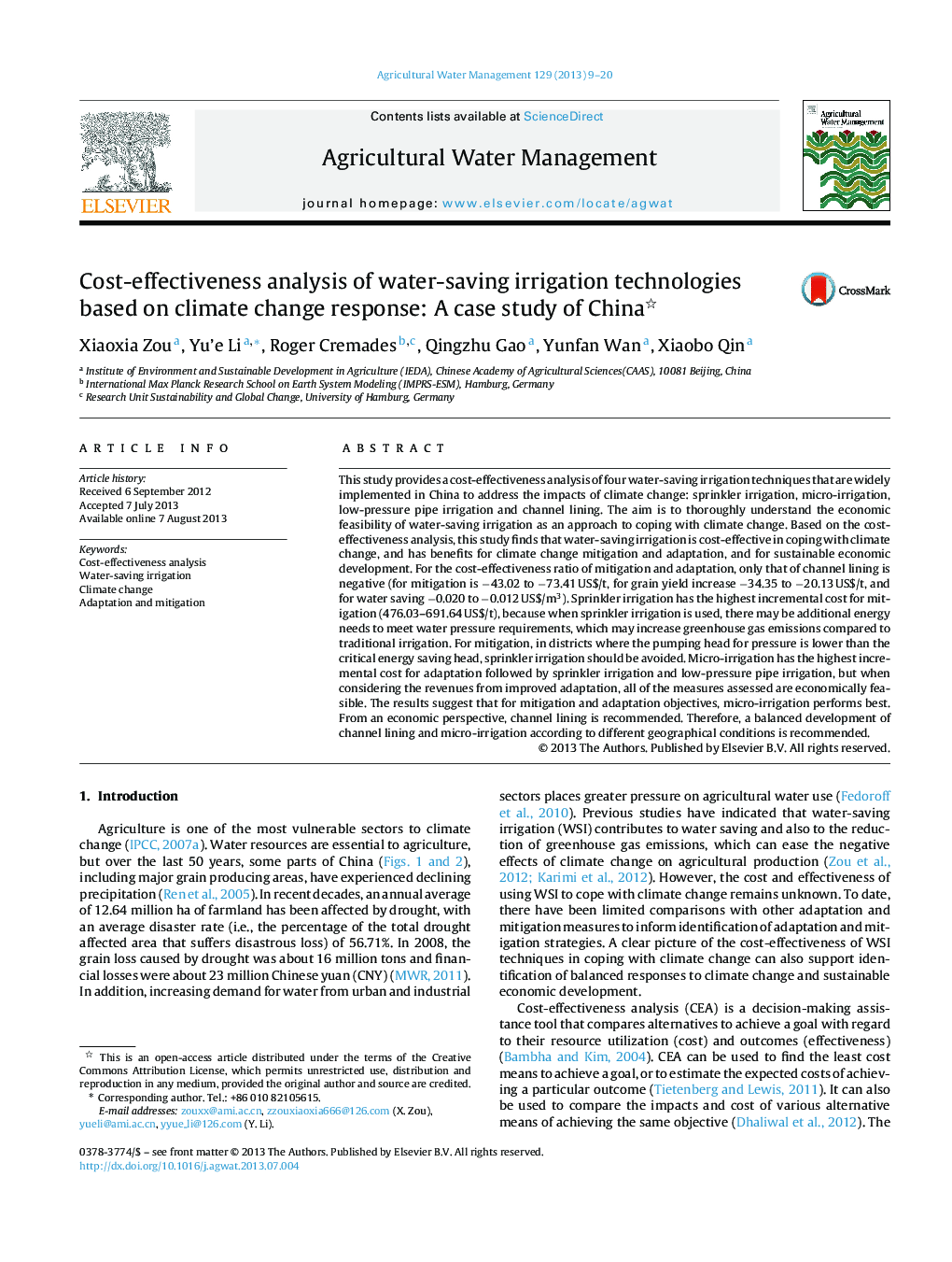 Cost-effectiveness analysis of water-saving irrigation technologies based on climate change response: A case study of China