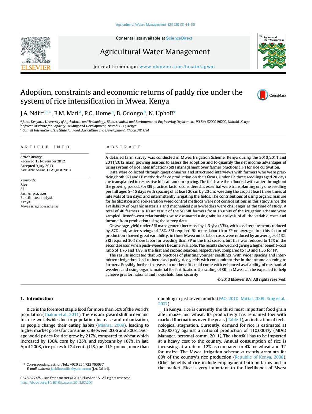 Adoption, constraints and economic returns of paddy rice under the system of rice intensification in Mwea, Kenya