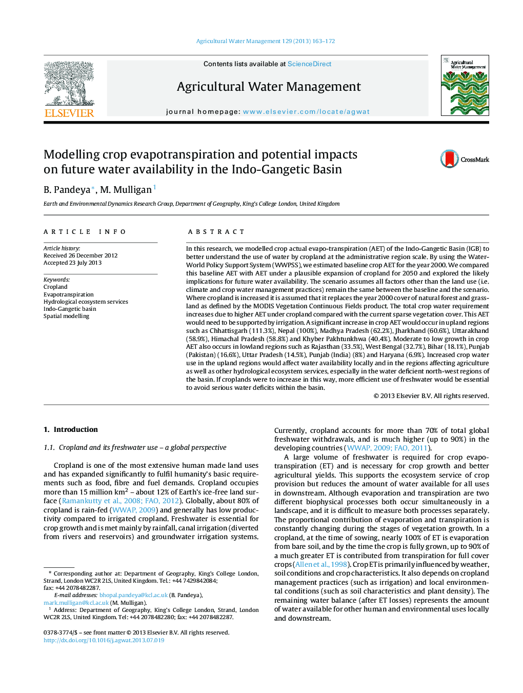 Modelling crop evapotranspiration and potential impacts on future water availability in the Indo-Gangetic Basin