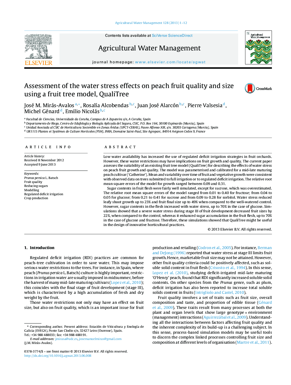 Assessment of the water stress effects on peach fruit quality and size using a fruit tree model, QualiTree