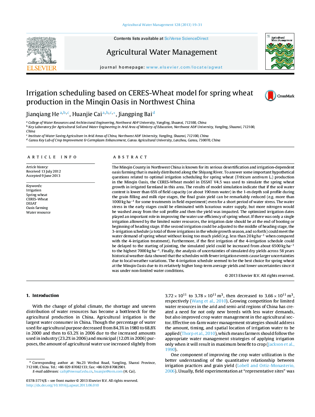 Irrigation scheduling based on CERES-Wheat model for spring wheat production in the Minqin Oasis in Northwest China