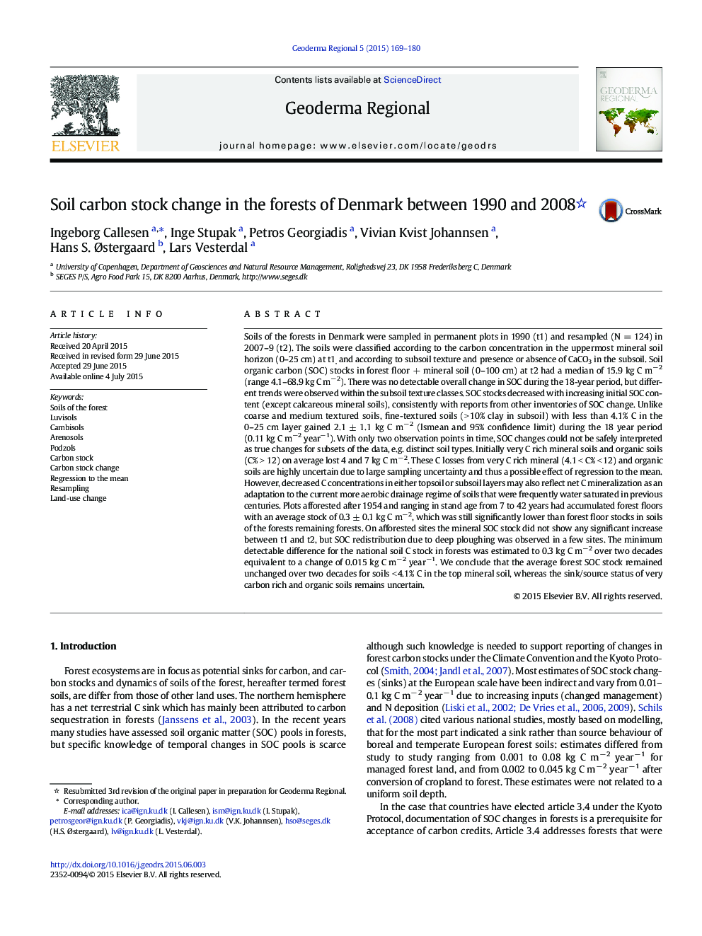 Soil carbon stock change in the forests of Denmark between 1990 and 2008