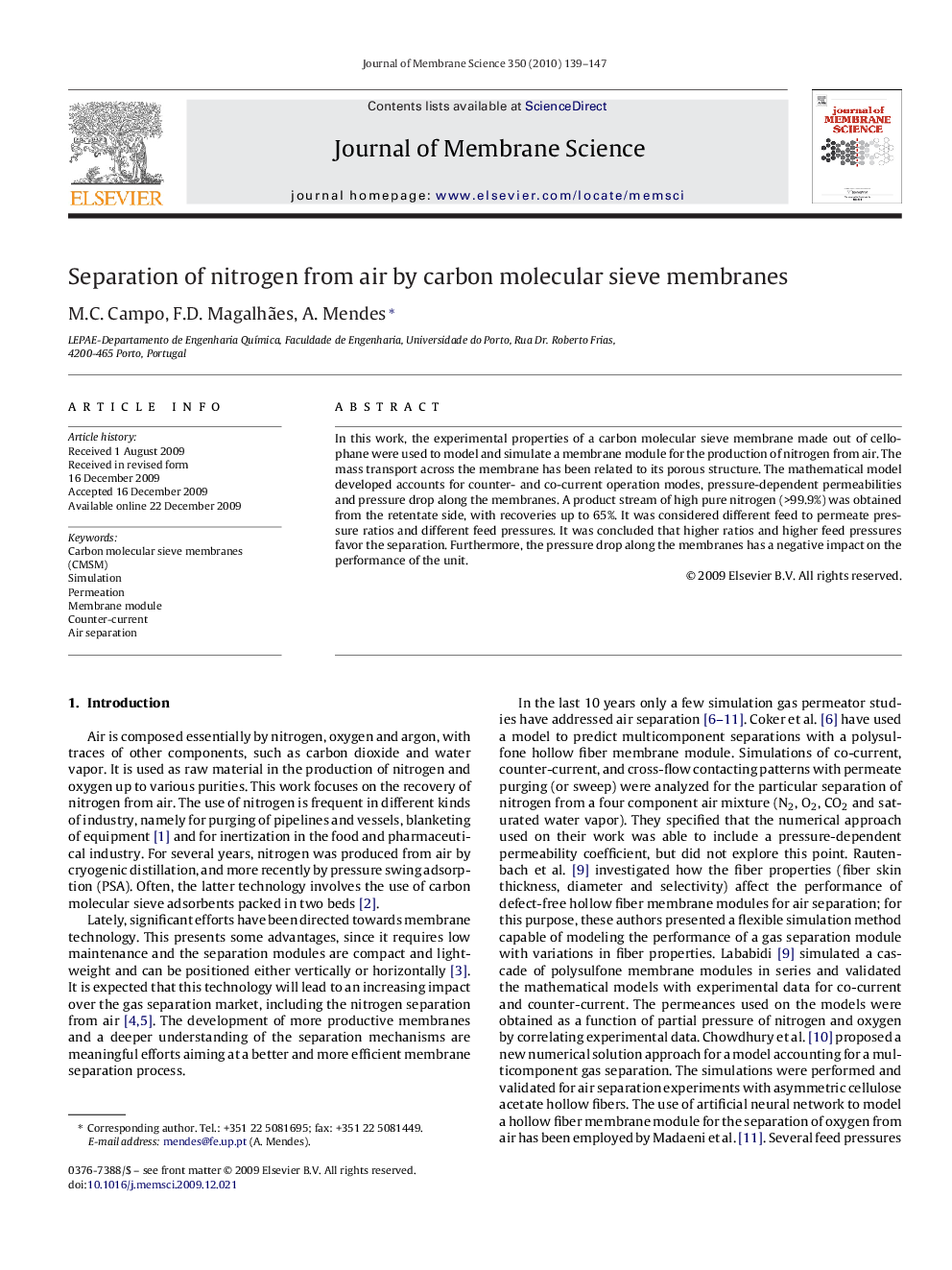 Separation of nitrogen from air by carbon molecular sieve membranes