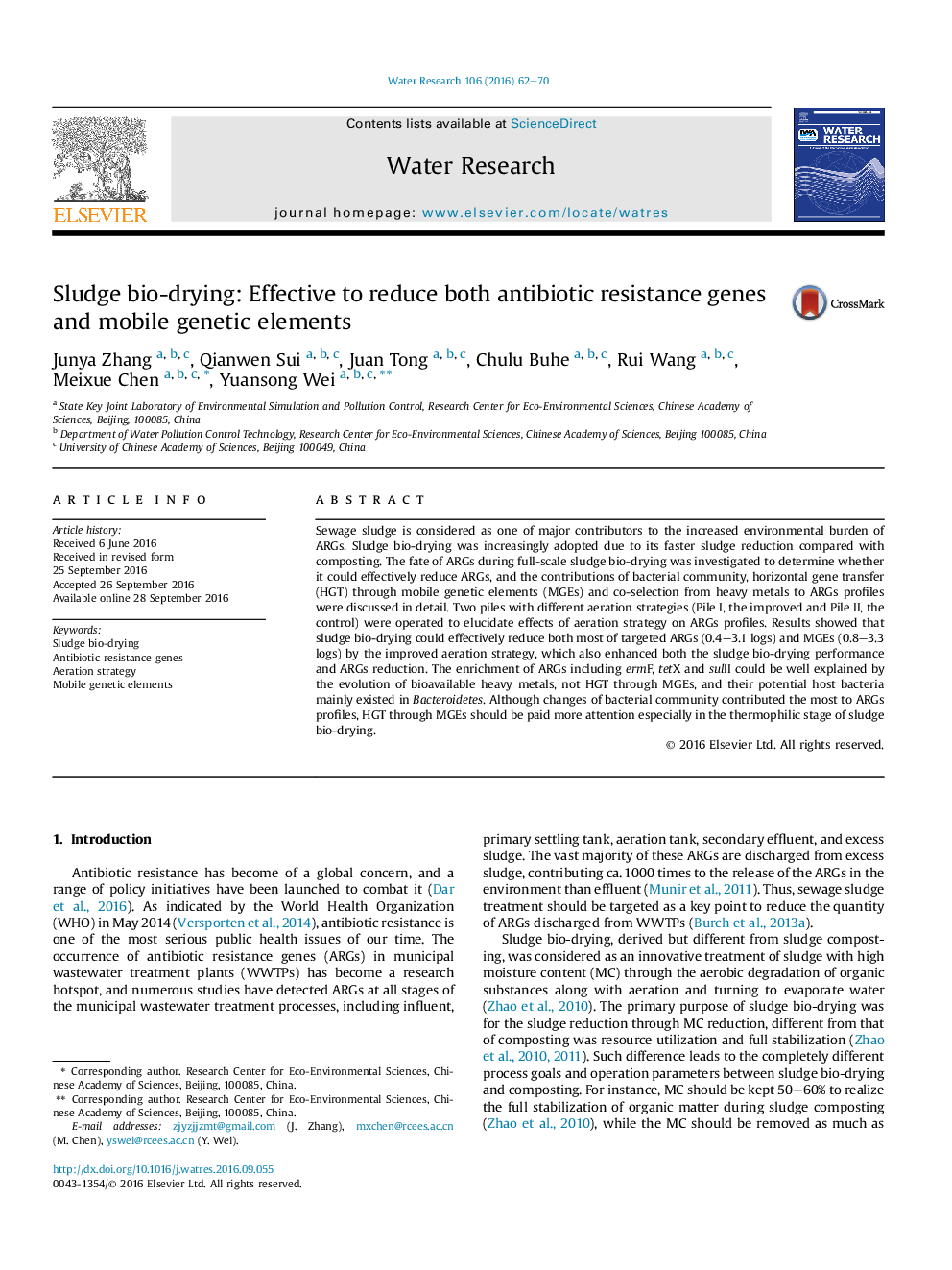 Sludge bio-drying: Effective to reduce both antibiotic resistance genes and mobile genetic elements