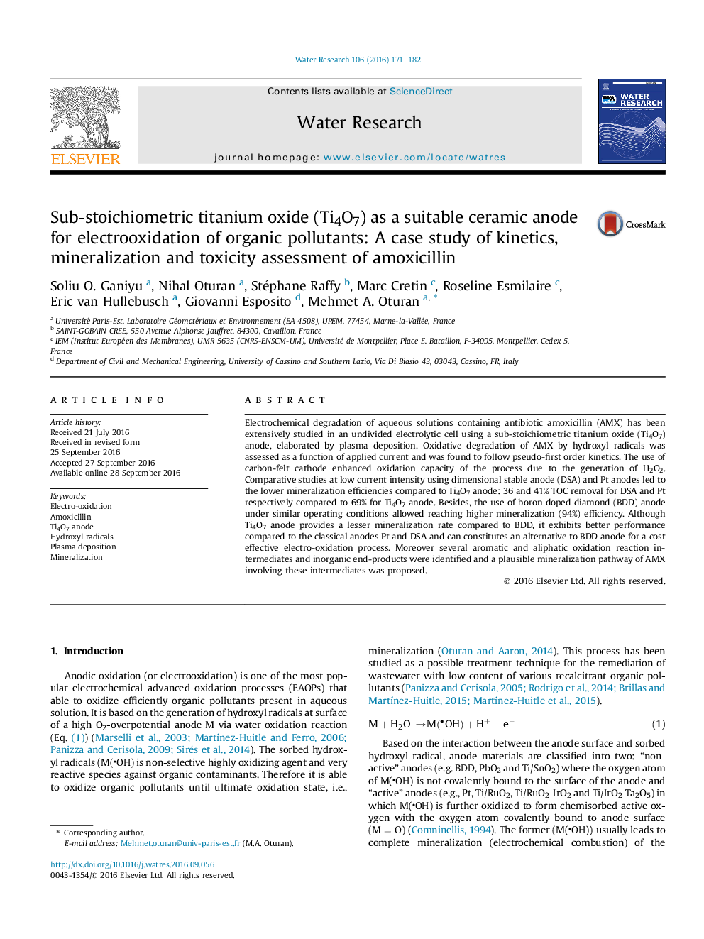 Sub-stoichiometric titanium oxide (Ti4O7) as a suitable ceramic anode for electrooxidation of organic pollutants: A case study of kinetics, mineralization and toxicity assessment of amoxicillin