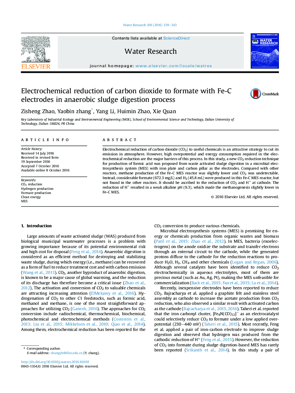 Electrochemical reduction of carbon dioxide to formate with Fe-C electrodes in anaerobic sludge digestion process