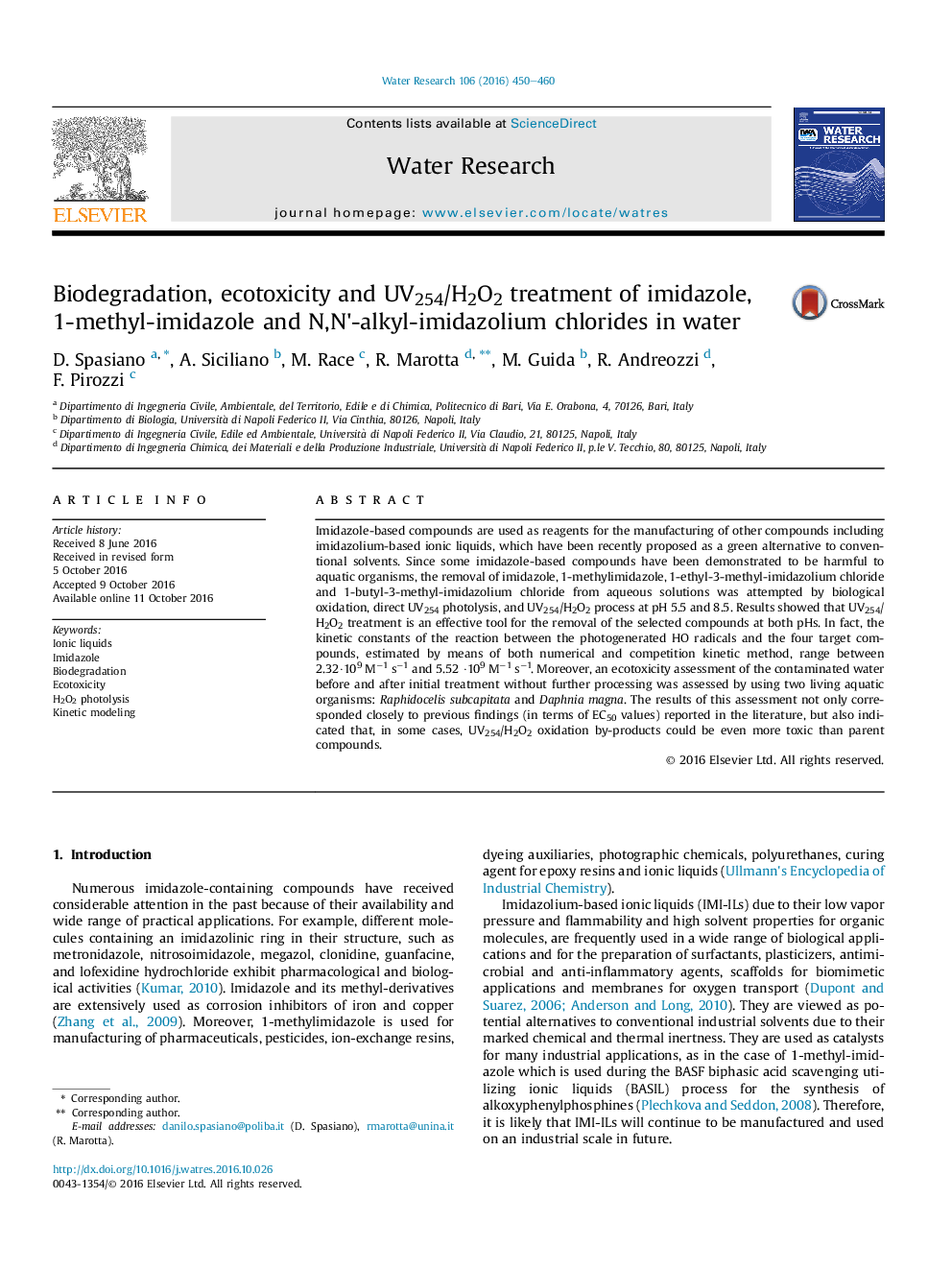 Biodegradation, ecotoxicity and UV254/H2O2 treatment of imidazole, 1-methyl-imidazole and N,N'-alkyl-imidazolium chlorides in water