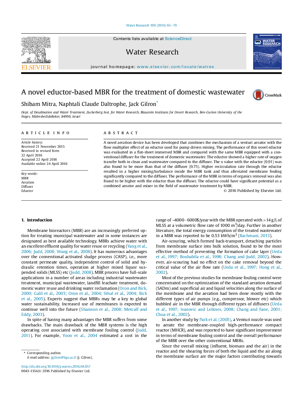 A novel eductor-based MBR for the treatment of domestic wastewater