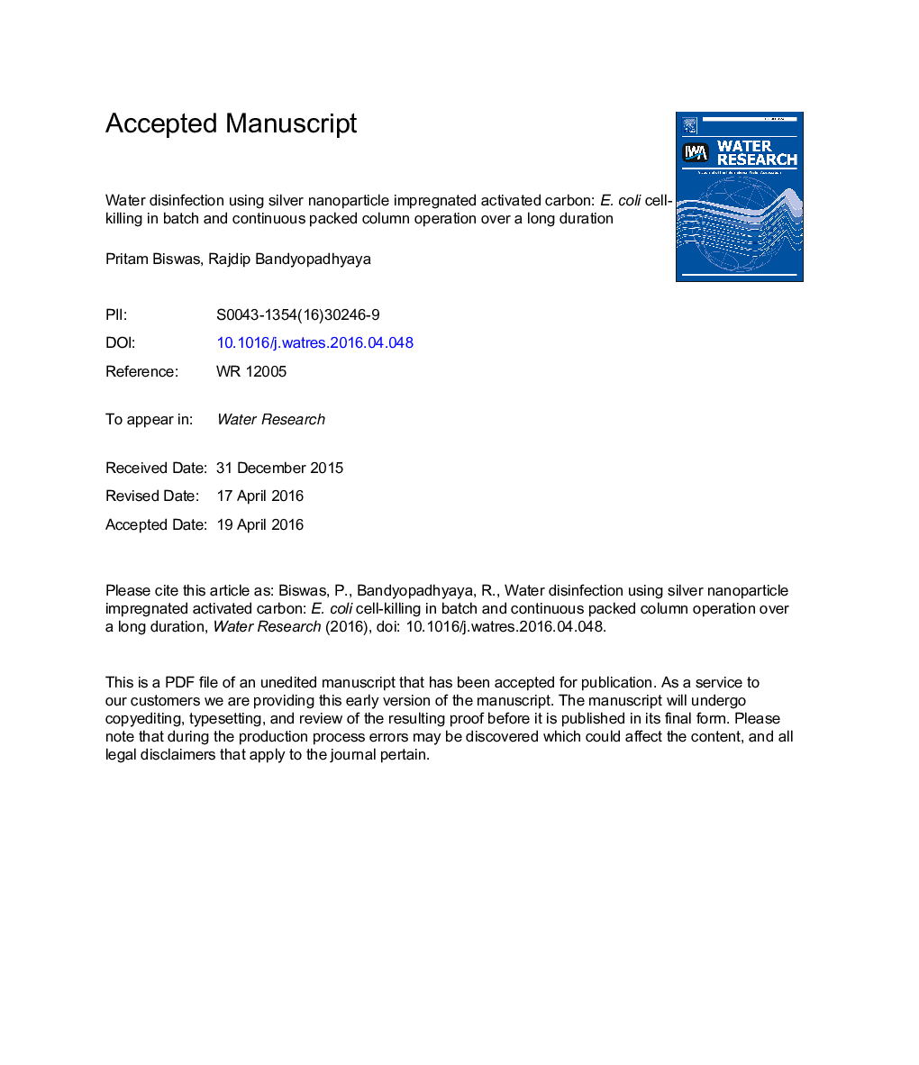 Water disinfection using silver nanoparticle impregnated activated carbon: Escherichia coli cell-killing in batch and continuous packed column operation over a long duration