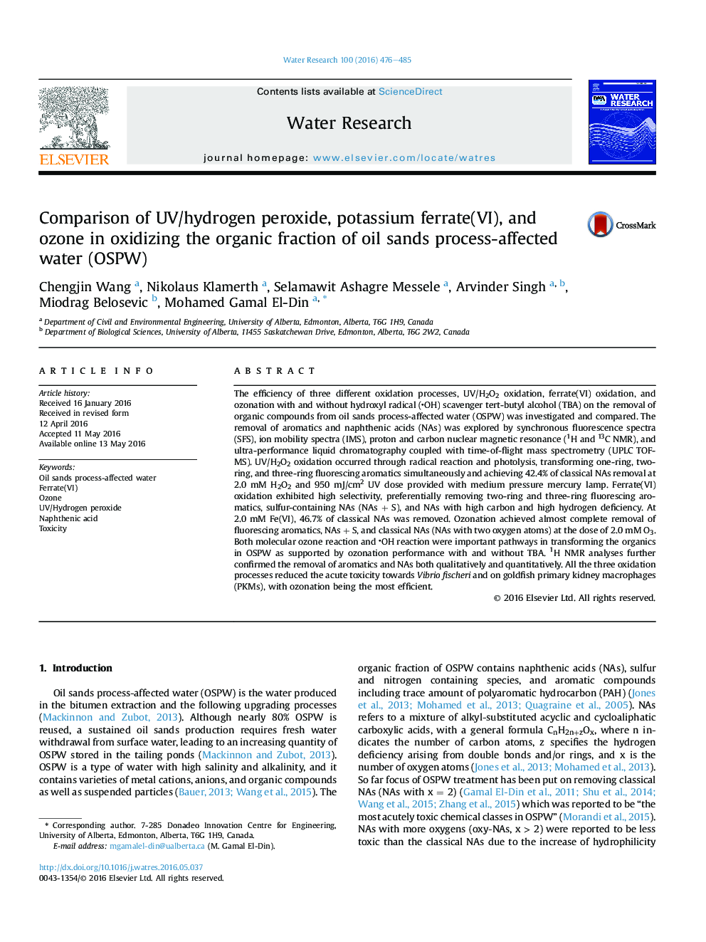 Comparison of UV/hydrogen peroxide, potassium ferrate(VI), and ozone in oxidizing the organic fraction of oil sands process-affected water (OSPW)