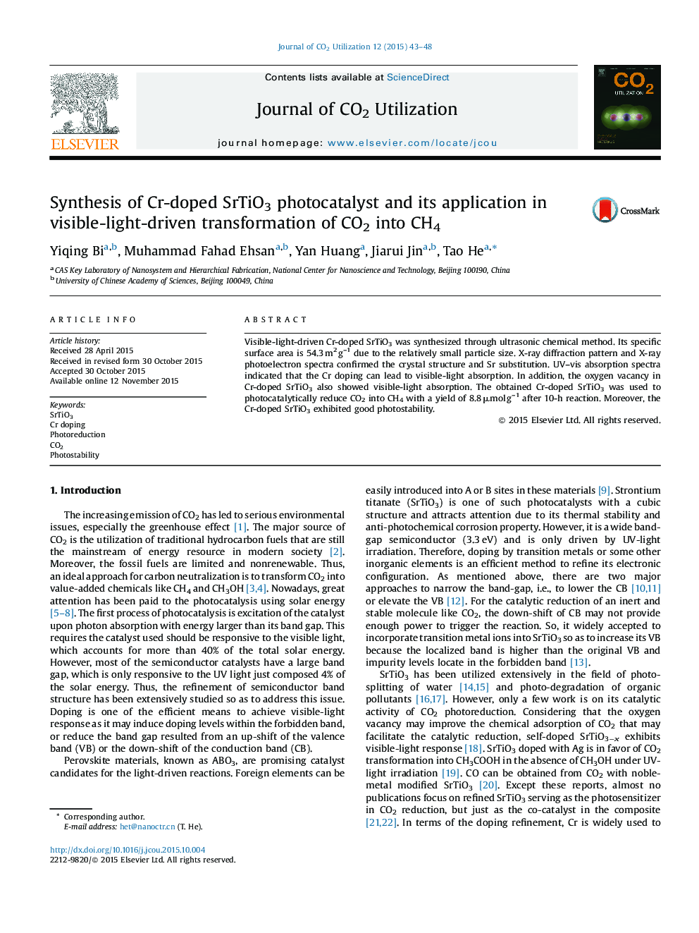 Synthesis of Cr-doped SrTiO3 photocatalyst and its application in visible-light-driven transformation of CO2 into CH4