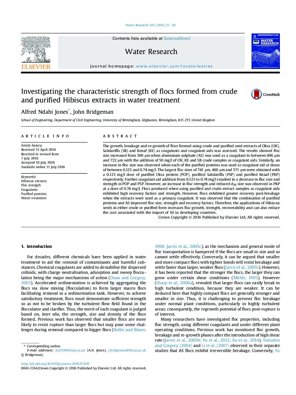 Investigating the characteristic strength of flocs formed from crude and purified Hibiscus extracts in water treatment