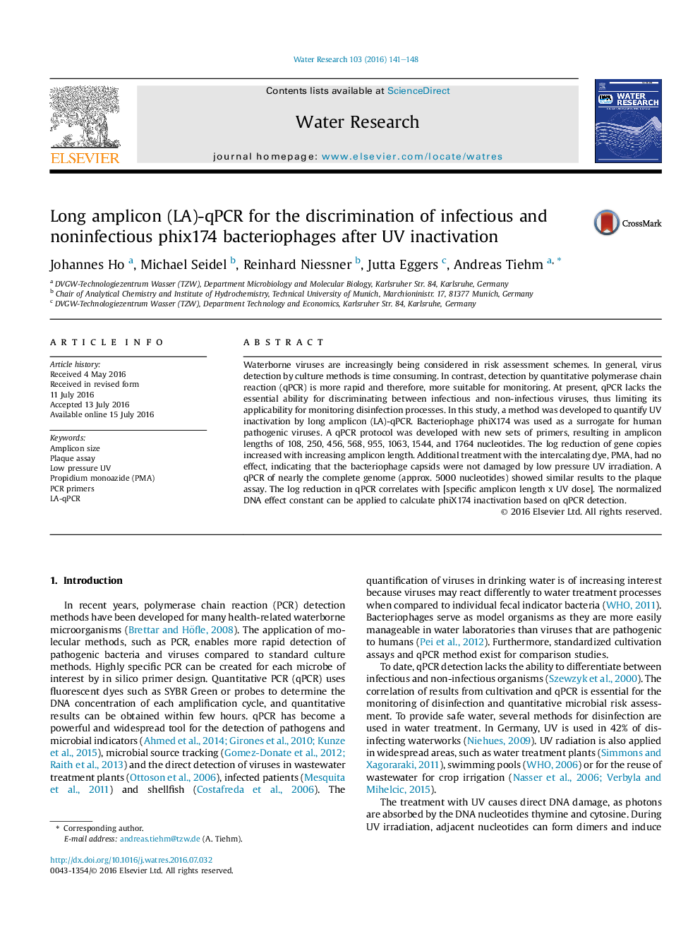 Long amplicon (LA)-qPCR for the discrimination of infectious and noninfectious phix174 bacteriophages after UV inactivation