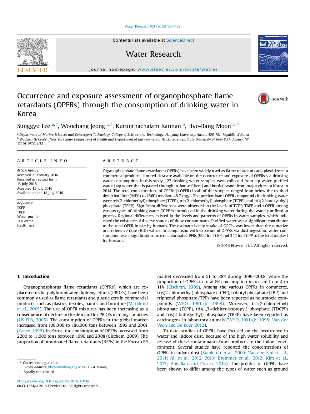 Occurrence and exposure assessment of organophosphate flame retardants (OPFRs) through the consumption of drinking water in Korea