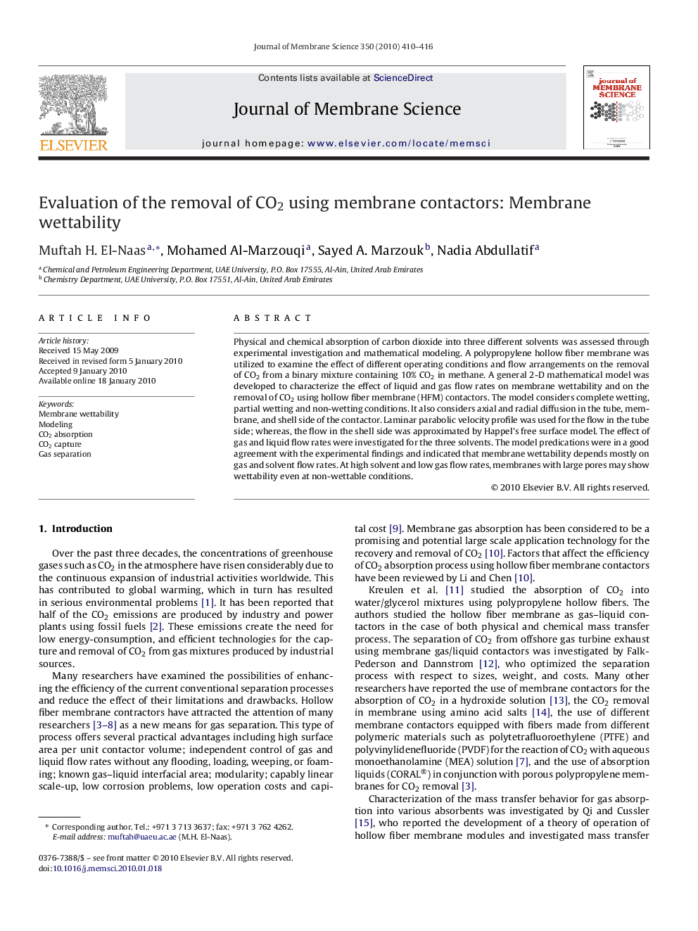 Evaluation of the removal of CO2 using membrane contactors: Membrane wettability