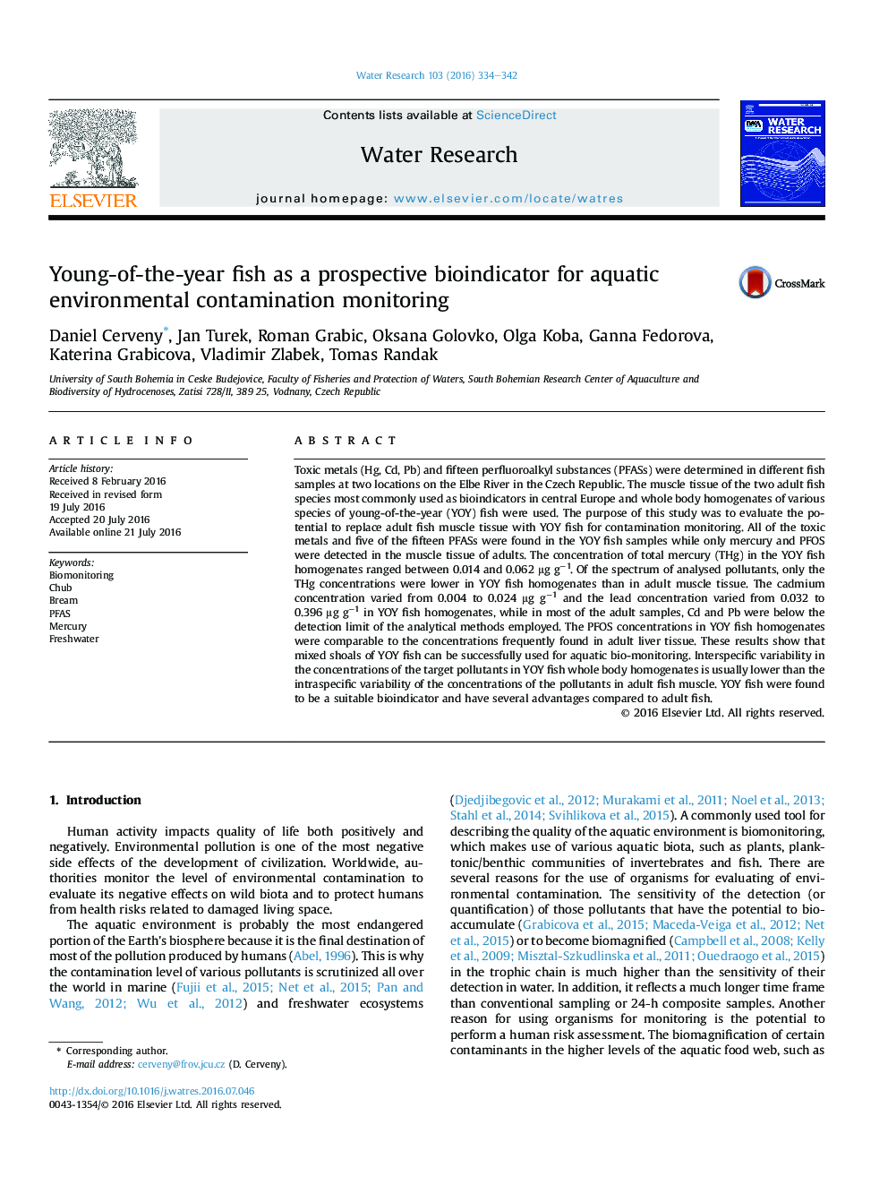 Young-of-the-year fish as a prospective bioindicator for aquatic environmental contamination monitoring