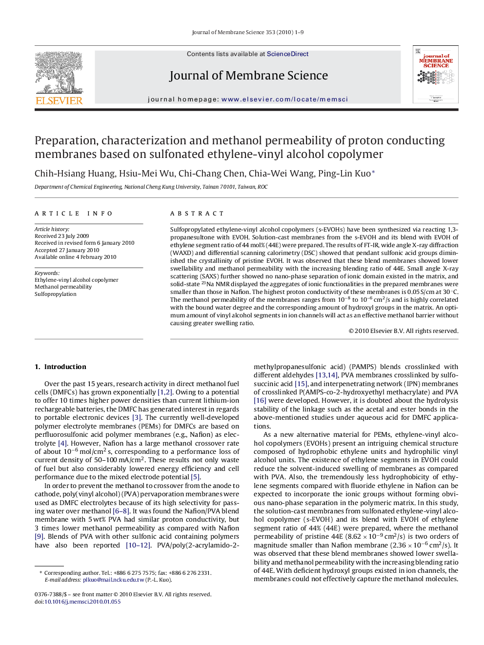 Preparation, characterization and methanol permeability of proton conducting membranes based on sulfonated ethylene-vinyl alcohol copolymer