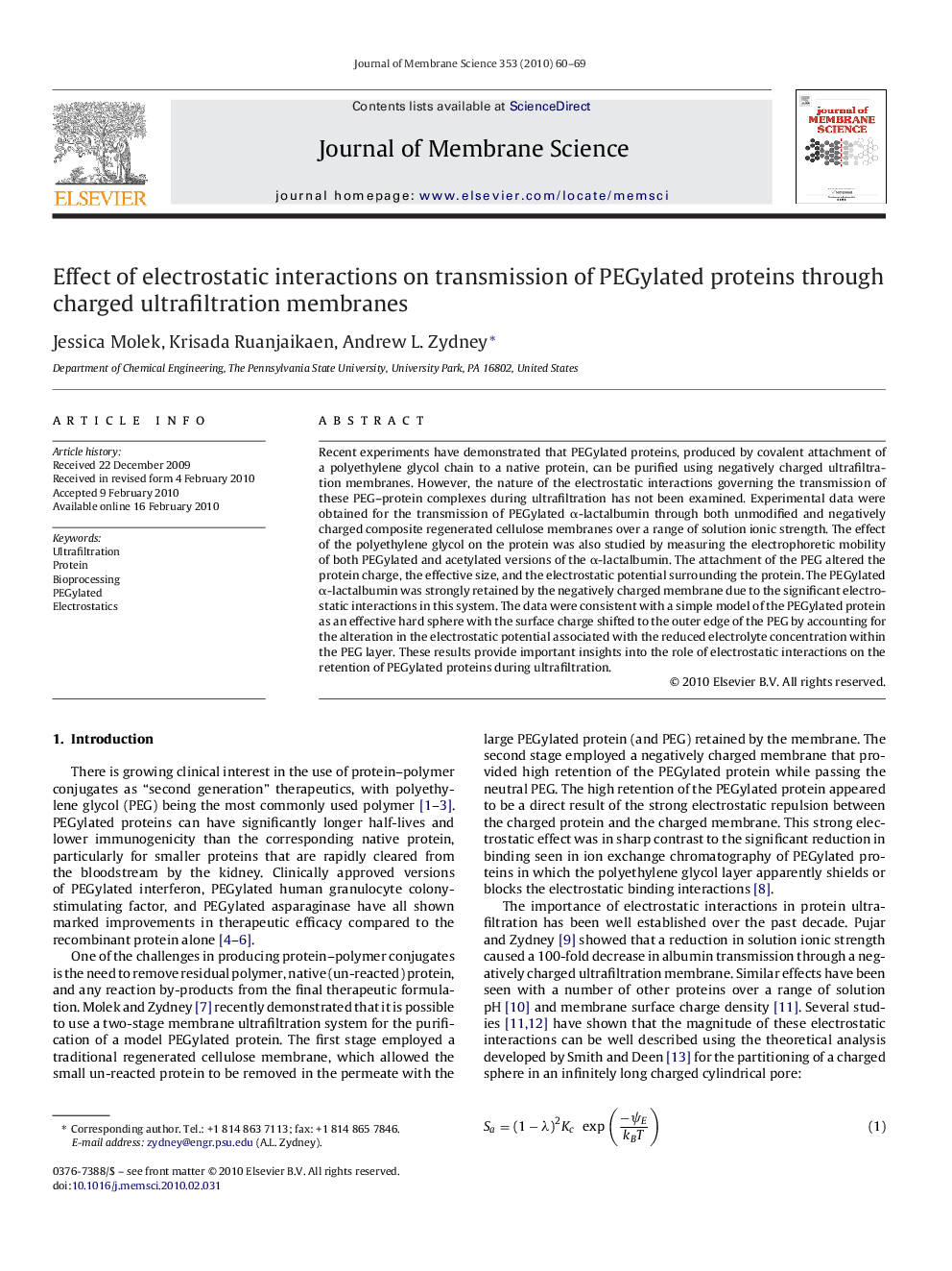 Effect of electrostatic interactions on transmission of PEGylated proteins through charged ultrafiltration membranes