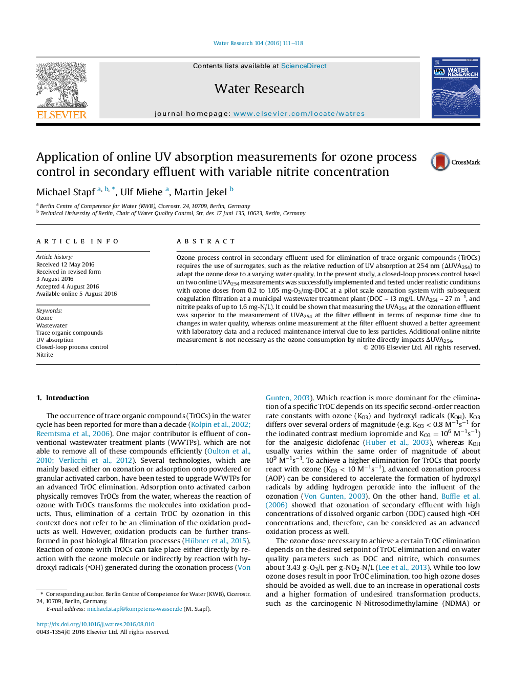 Application of online UV absorption measurements for ozone process control in secondary effluent with variable nitrite concentration