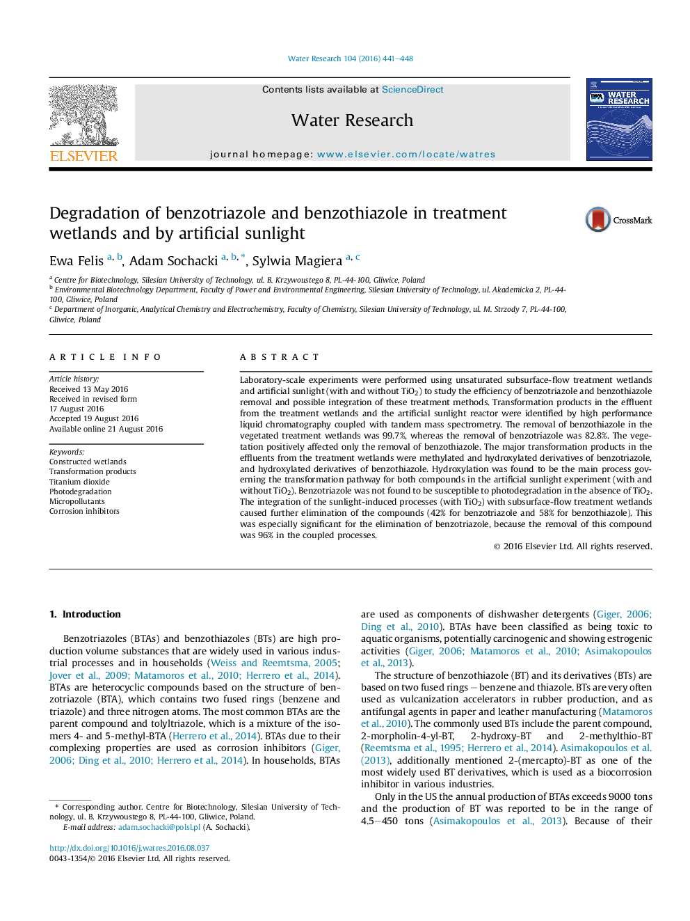 Degradation of benzotriazole and benzothiazole in treatment wetlands and by artificial sunlight