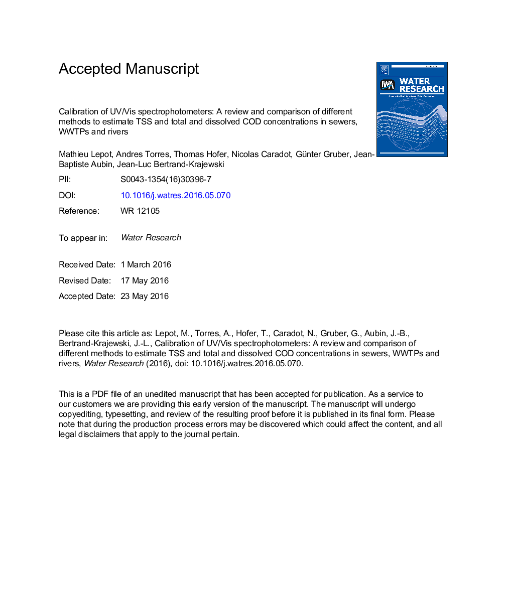 Calibration of UV/Vis spectrophotometers: A review and comparison of different methods to estimate TSS and total and dissolved COD concentrations in sewers, WWTPs and rivers