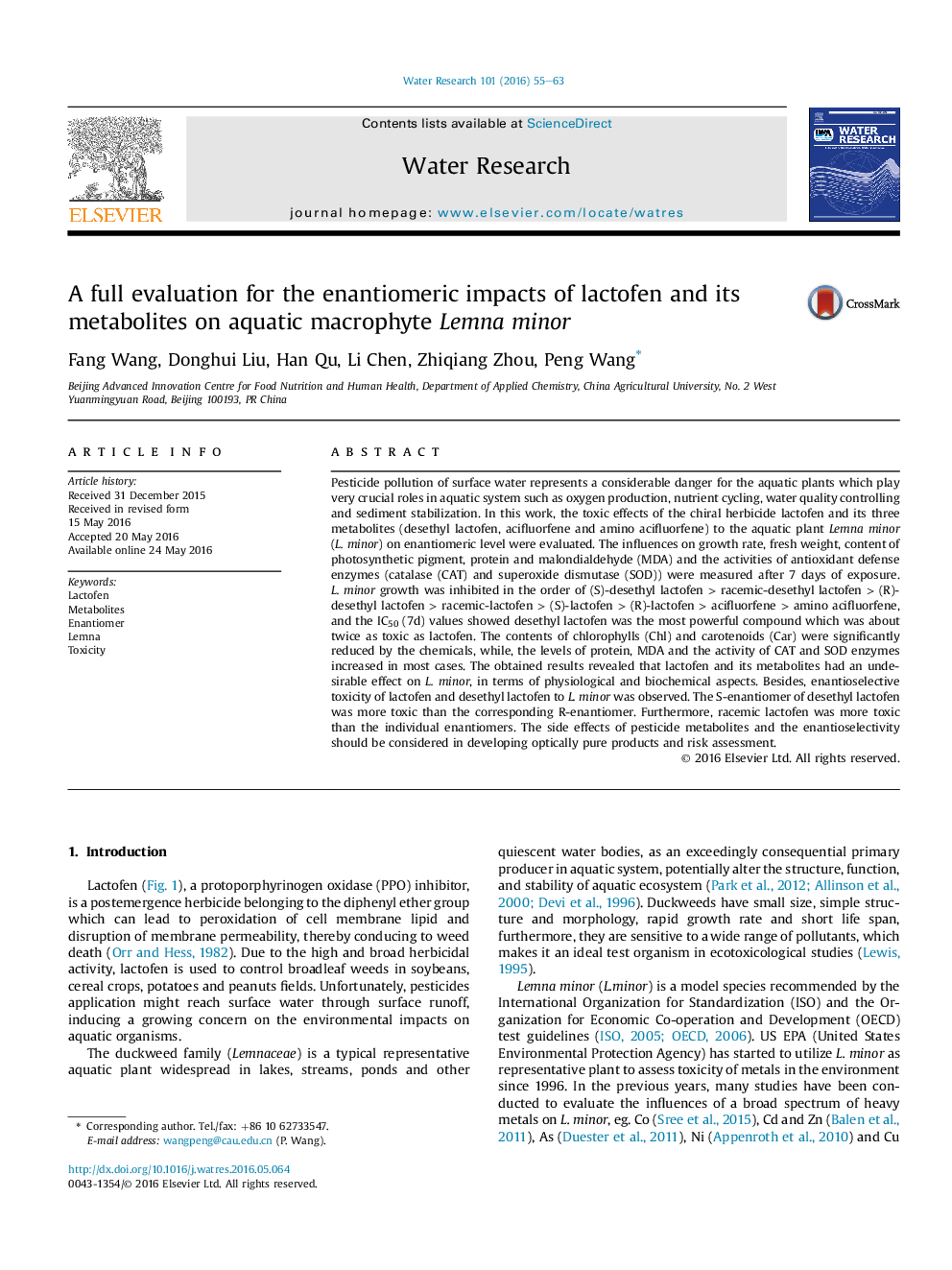 A full evaluation for the enantiomeric impacts of lactofen and its metabolites on aquatic macrophyte Lemna minor