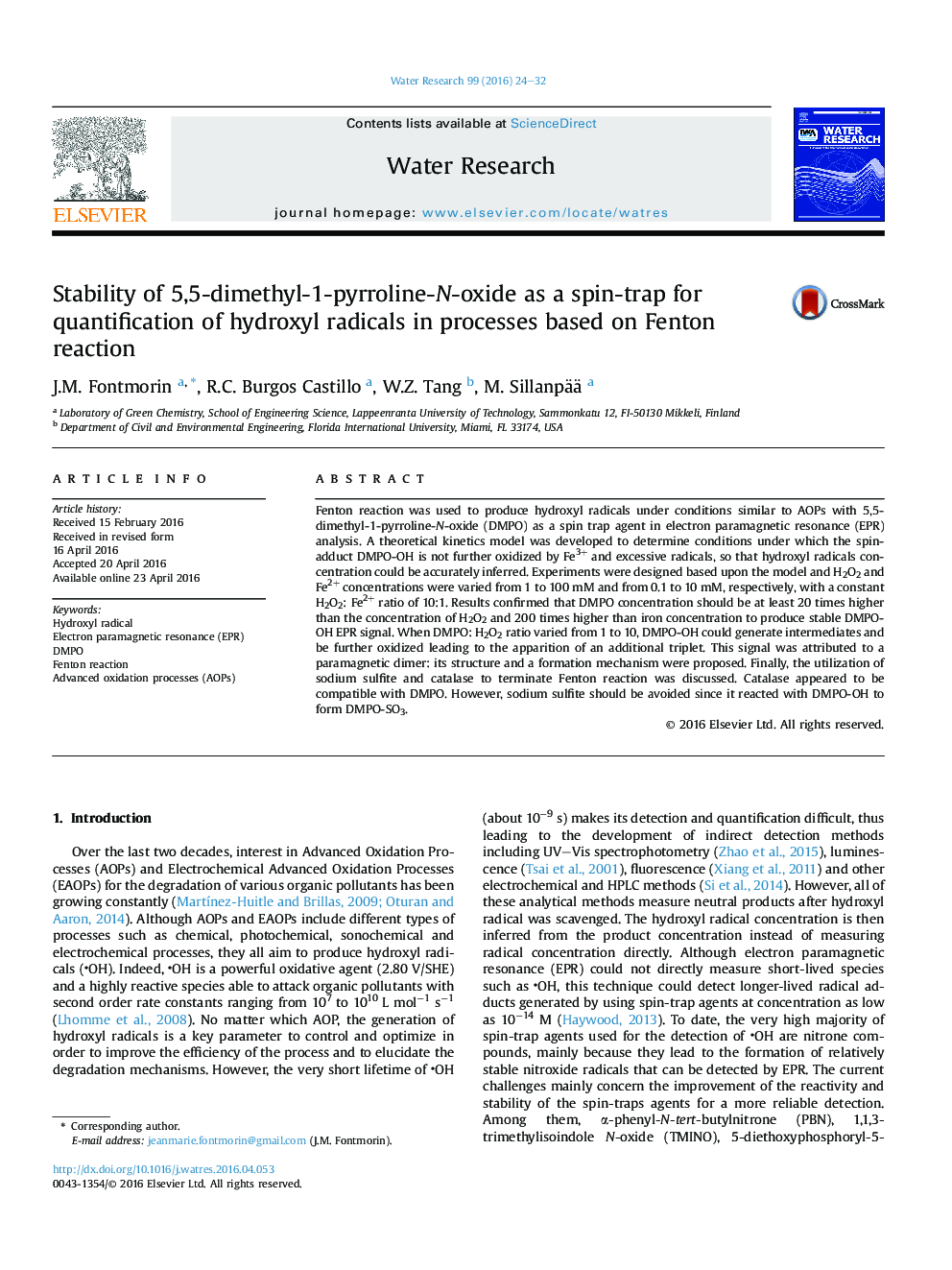 Stability of 5,5-dimethyl-1-pyrroline-N-oxide as a spin-trap for quantification of hydroxyl radicals in processes based on Fenton reaction