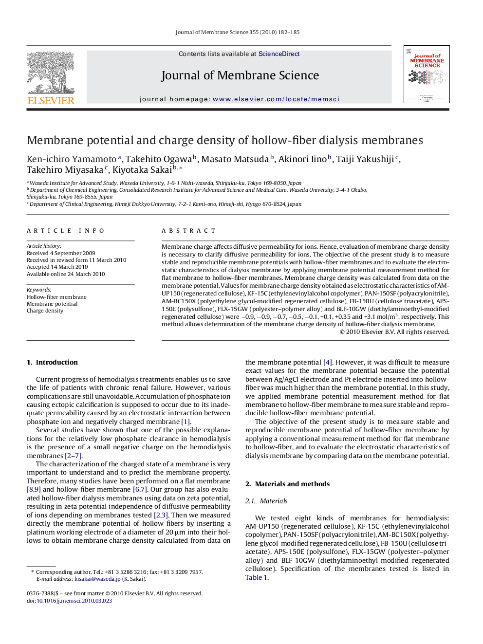 Membrane potential and charge density of hollow-fiber dialysis membranes