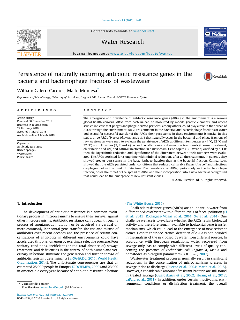 Persistence of naturally occurring antibiotic resistance genes in the bacteria and bacteriophage fractions of wastewater