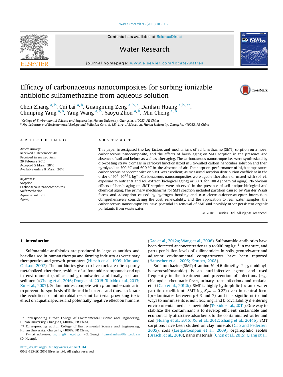 Efficacy of carbonaceous nanocomposites for sorbing ionizable antibiotic sulfamethazine from aqueous solution