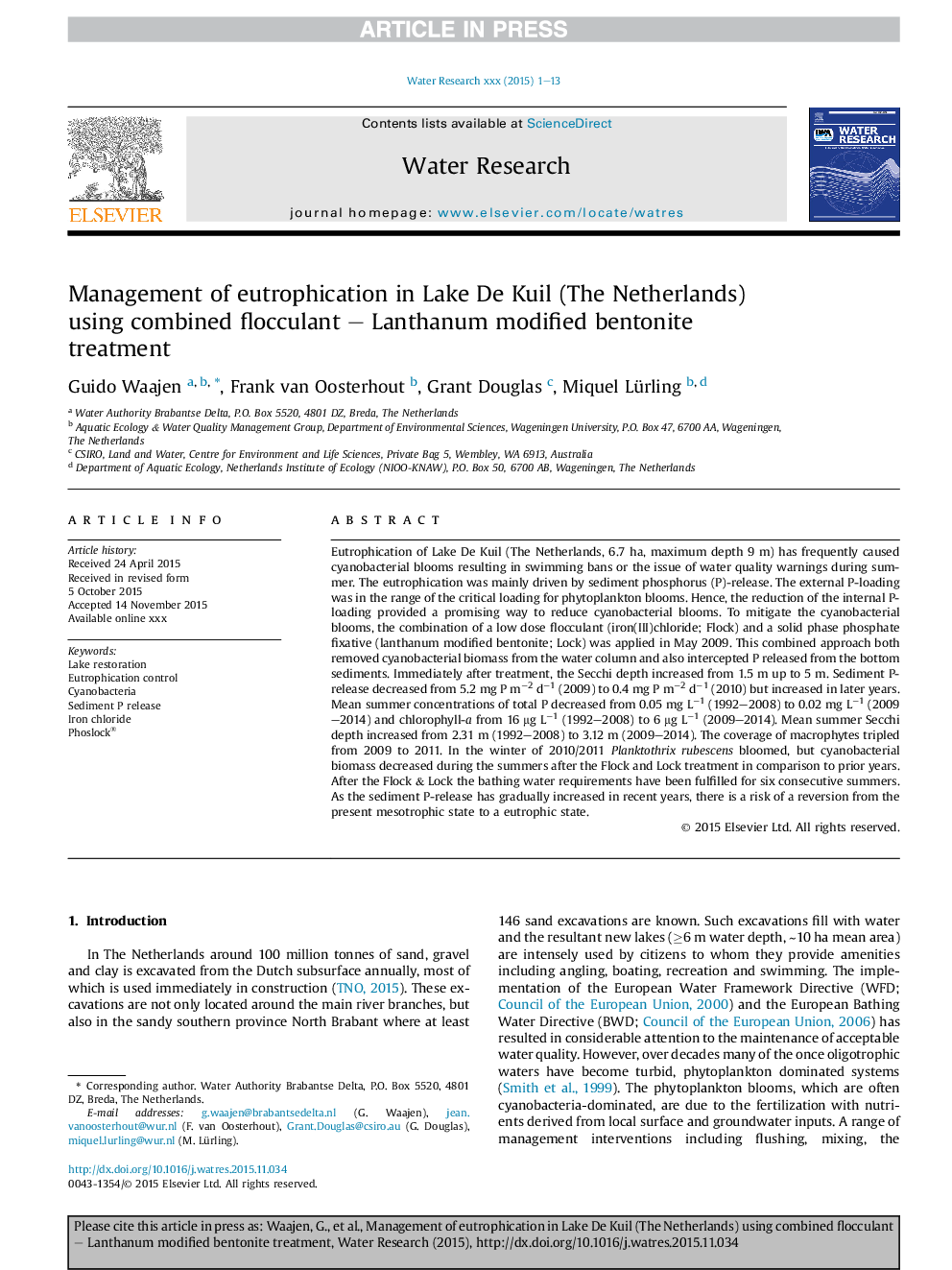 Management of eutrophication in Lake De Kuil (The Netherlands) using combined flocculant - Lanthanum modified bentonite treatment