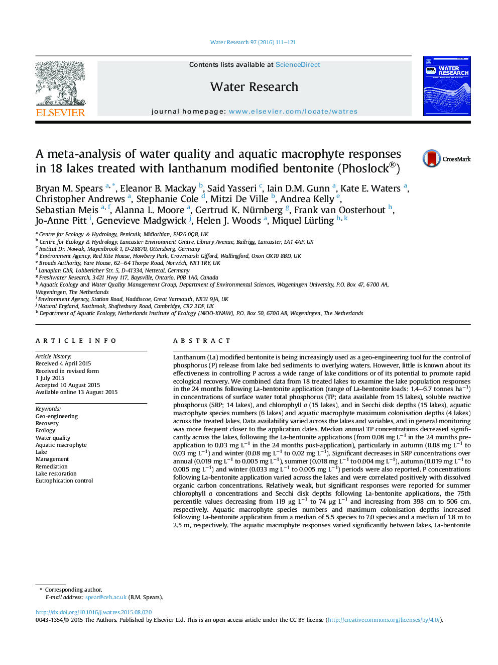 A meta-analysis of water quality and aquatic macrophyte responses inÂ 18 lakes treated with lanthanum modified bentonite (Phoslock®)
